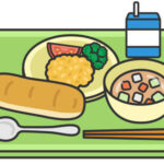 Illustration of school lunch (line drawing color) on Bread Day.