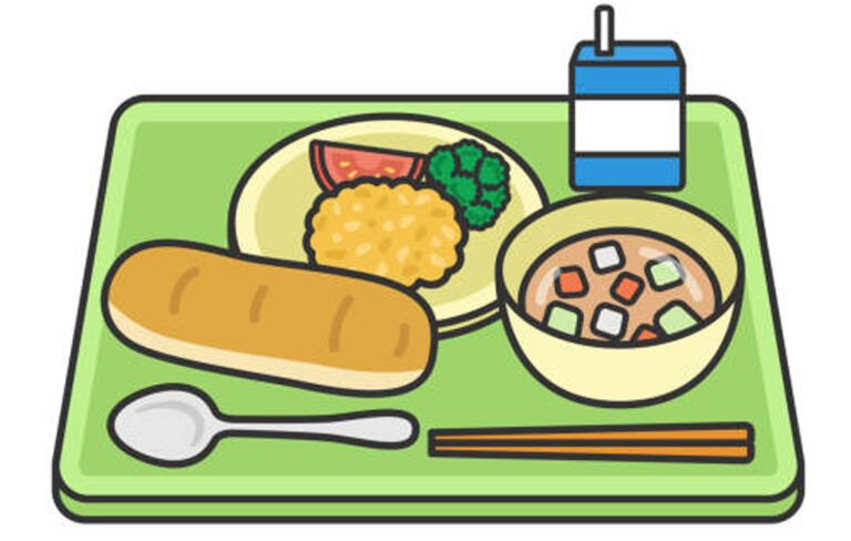 Illustration of school lunch (line drawing color) on Bread Day.